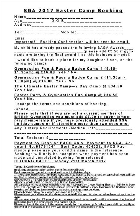 SGA Easter Camps 2017 Booking Form