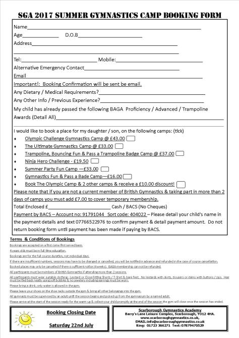 Summer Gymnastics Camps 2017 Booking Form