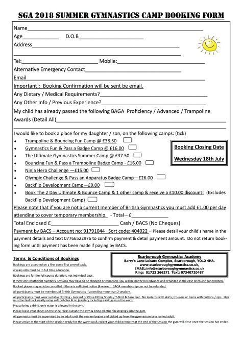 Summer Gymnastics Camps 2018 Booking Form